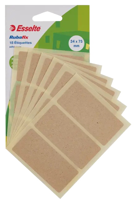 Étiquettes autocollantes vierges à base de papier de foin Esselte Rubafix. 34 x 75 mm. Étui de 18.