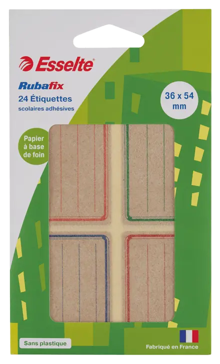 Étiquettes écolier à base de papier de foin Esselte Rubafix. 36 x 54 mm. Etui de 24 sans plastique.