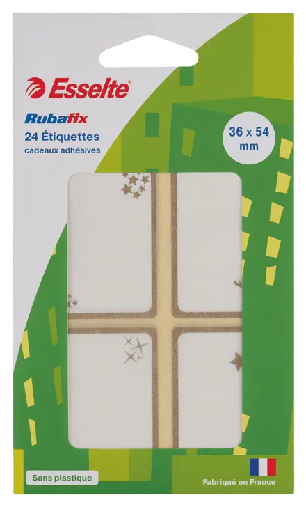 Étiquettes cadeaux Esselte Rubafix 36*54mm. Etui de 24. Sans plastique