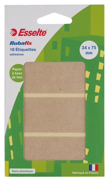 Étiquettes autocollantes vierges à base de papier de foin Esselte Rubafix. 34 x 75 mm. Étui de 18.