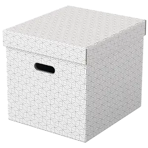 Esselte Home opbevaringsboks Cube, pakke med 3 - Sæt med tre store dekorative Cube opbevaringsbokse i pap til opbevaring af papirarbejde og større genstande i hjemmet. Opbevaringsboksen er hurtig og nem at samle.