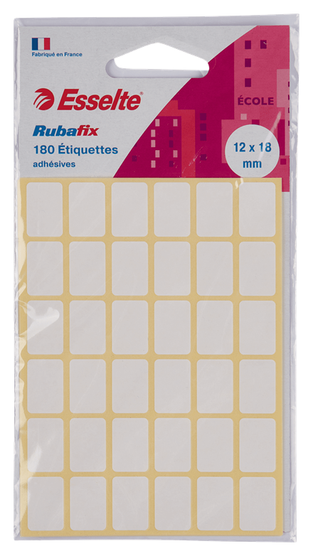 Étiquettes autocollantes vierges petit format Esselte Rubafix. 12 x 18 mm.  Étui de 180.